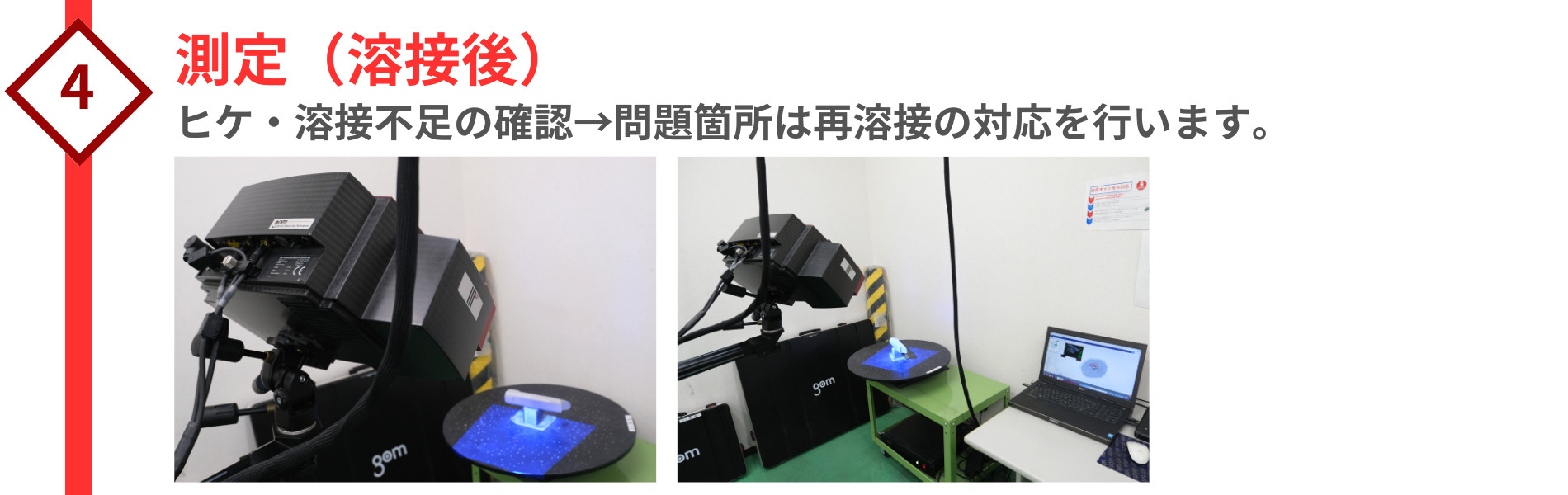 測定（溶接後） ヒケ・溶接不足の確認→問題箇所は再溶接の対応
